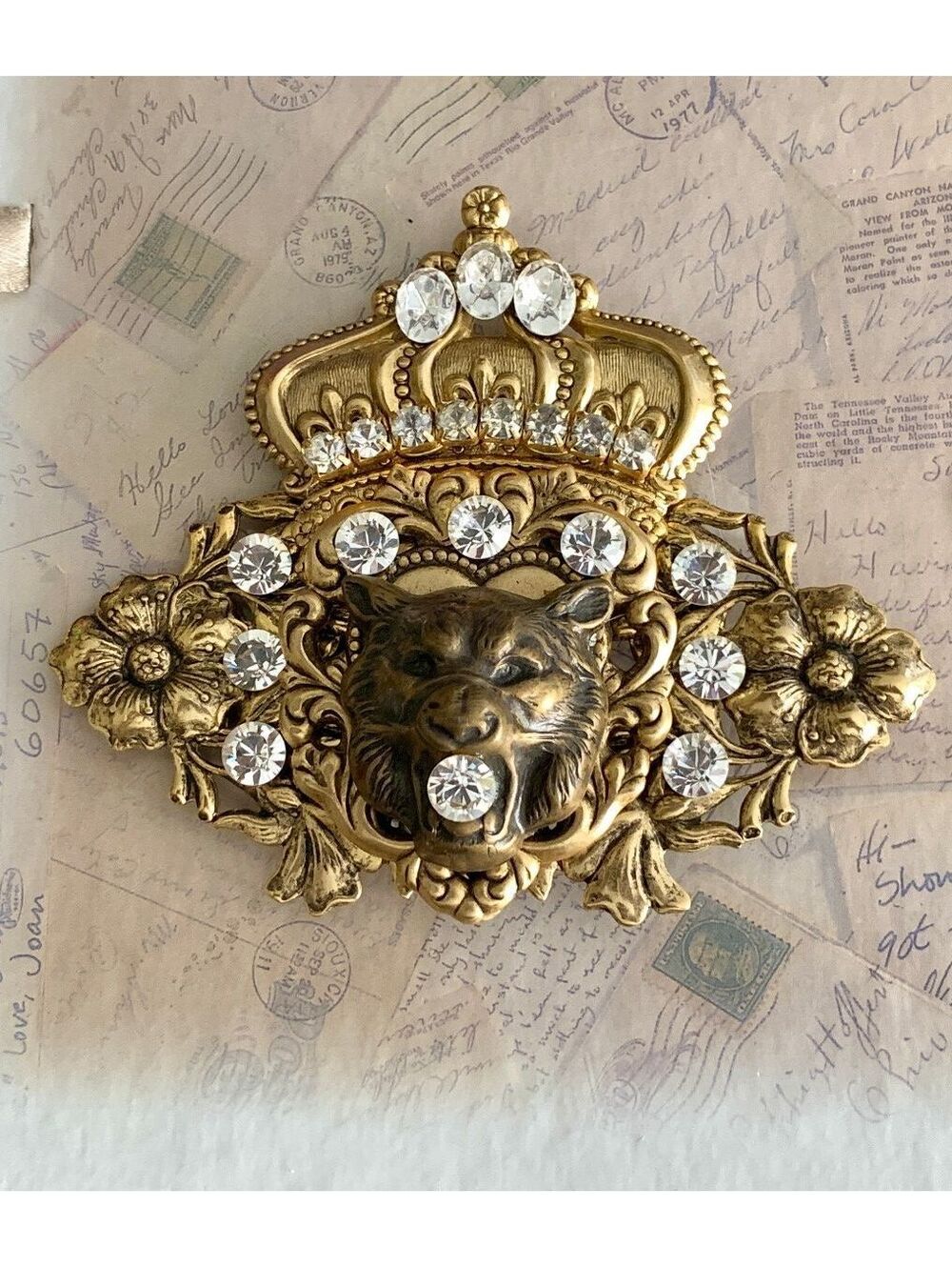 Handmade Magnet Brooch with Swarovski Crystals Regal Lion Crown Brooch